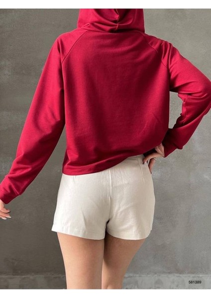 Kadın Pudra Düz Renk Oversize Kalıp Kapüşonlu Hoodie Baskısız Basic Sweatshirt