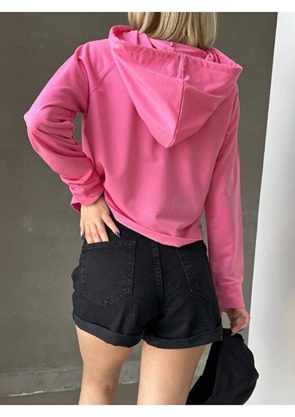 Kadın Pudra Düz Renk Oversize Kalıp Kapüşonlu Hoodie Baskısız Basic Sweatshirt