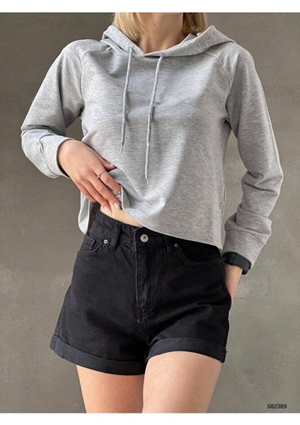 Kadın Pudra Düz Renk Oversize Kalıp Kapüşonlu Hoodie Baskısız Basic Sweatshirt