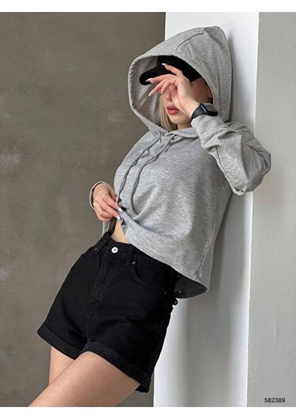 Kadın Pudra Düz Renk Oversize Kalıp Kapüşonlu Hoodie Baskısız Basic Sweatshirt