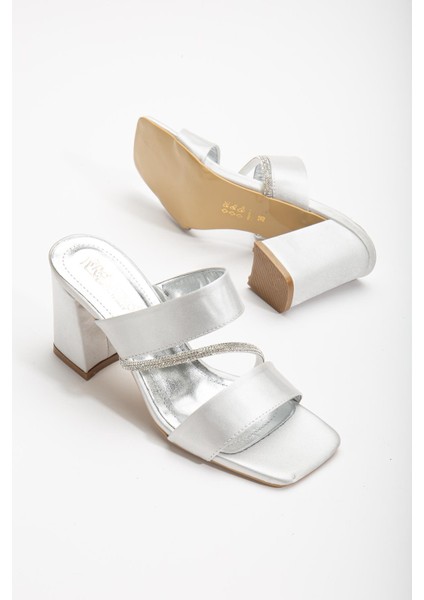 Saten Iki Bantlı Çapraz Şerit Taşlı Gümüş Kadın Topuklu Terlik