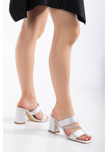 Saten Iki Bantlı Çapraz Şerit Taşlı Gümüş Kadın Topuklu Terlik fiyatları