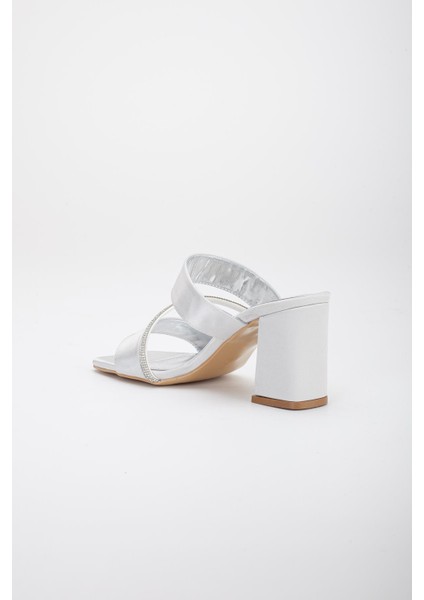 Saten Iki Bantlı Çapraz Şerit Taşlı Gümüş Kadın Topuklu Terlik indirimleri