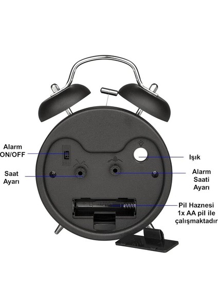 Sessiz Akar Saniyeli 16CM Alarm Masa Çalar Saat Yüksek Zil Sesi Büyük Boy Siyah