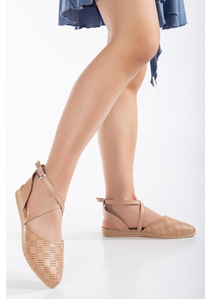 Yüzü Lazer Baskılı Çapraz Baretli Nude Kadın Babet fiyatları