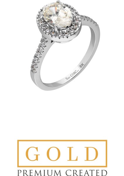 Beyaz Altın Sertifikalı Premium Created Taşlı Oval Tektaş Yüzük