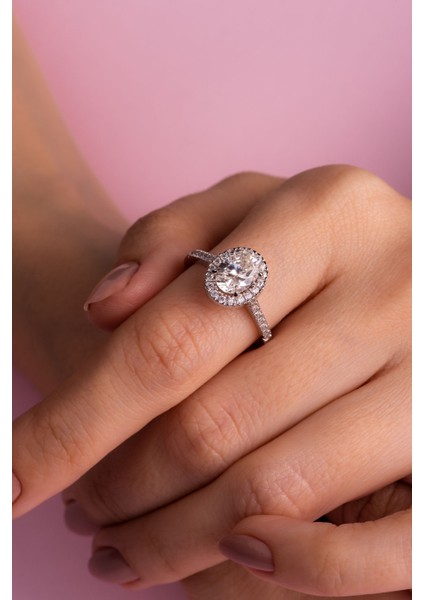 Beyaz Altın Sertifikalı Premium Created Taşlı Oval Tektaş Yüzük fiyatları