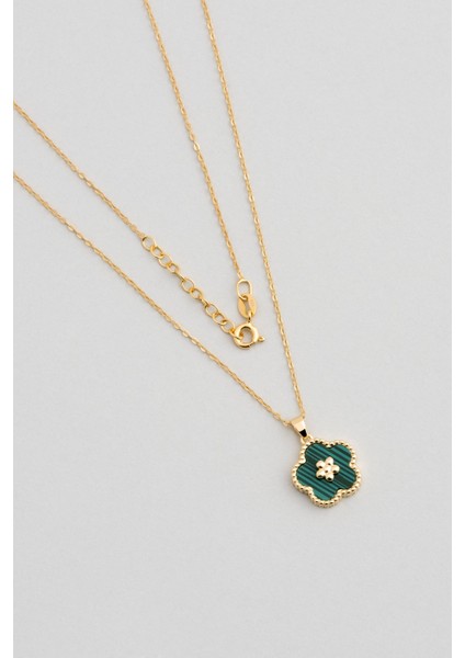 Malahit Çiçeği 18 Ayar Sarı Altın Kaplama 43 cm Gümüş Minimal Kolye