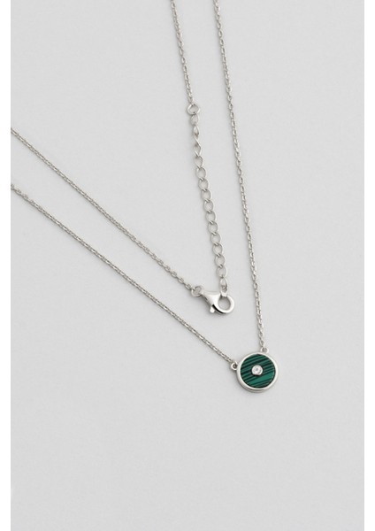 Minimal Malahit 18 Beyaz Altın Kaplama 44 cm Gümüş Kolye