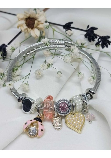 Uğur Böceği Charm Gümüş Renk 316L Çelik Bileklik