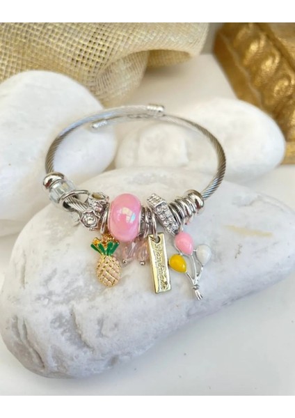 Pembe Taşlı Balonlu Gümüş Renk 316L Çelik Bileklik