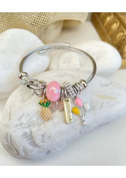 Pembe Taşlı Balonlu Gümüş Renk 316L Çelik Bileklik fiyatları