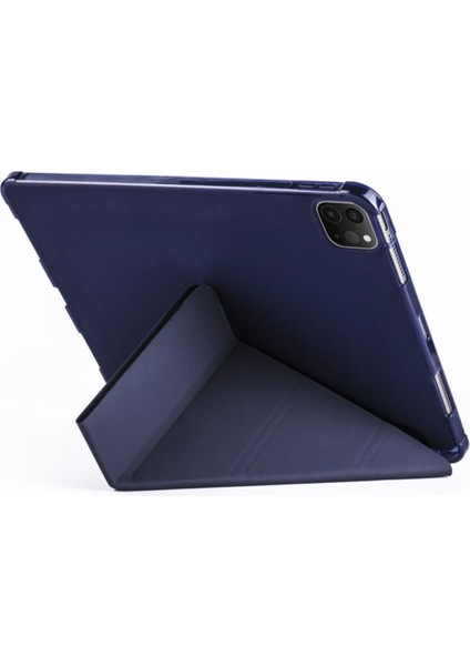 Apple iPad Pro 12.9 5.nesil (2021) Yatay ve Dikey Standlı Antişok Köşe Korumalı Kalemlikli Origami Slikon Kılıf A2378 A2461 A2379 modelleri