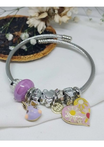 Kalp Charm Mor Boncuklu Gümüş Renk 316L Çelik Bileklik