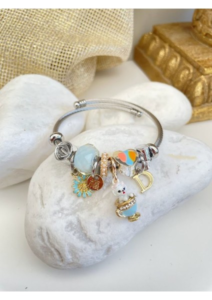 Buz Mavisi Kedi Motifli Mavitaşlı Gümüş Renk 316L Çelik Bileklik