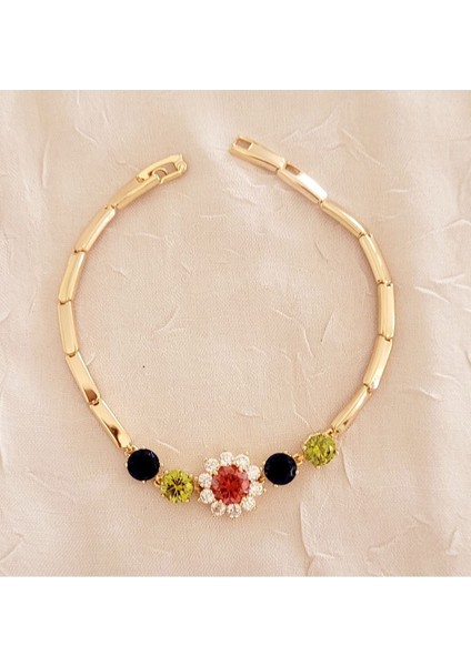 Zirkon Taşlı Çiçek Gold Baget Bileklik