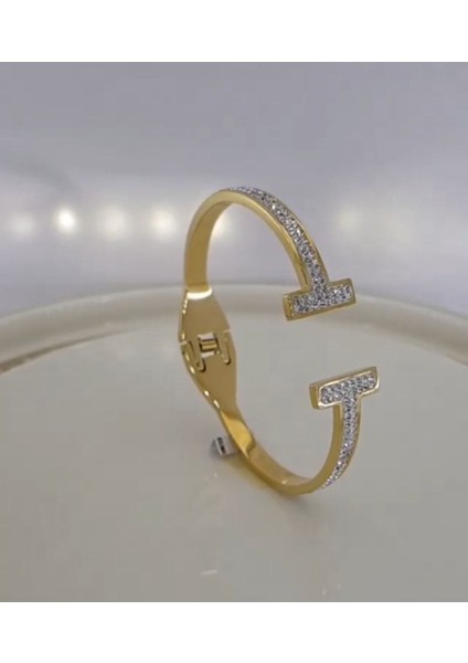 Zirkon Taşlı Gold Cartier Model Çelik Bileklik
