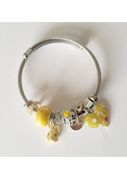 Model Kalp ve Boncuk Charm Çelik Bileklik