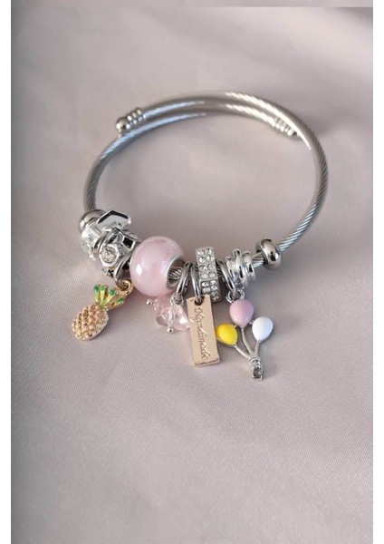 Grck Pembe Ananas ve Balon Figürlü Charm Bileklik - BJ-BB4324 Efsn