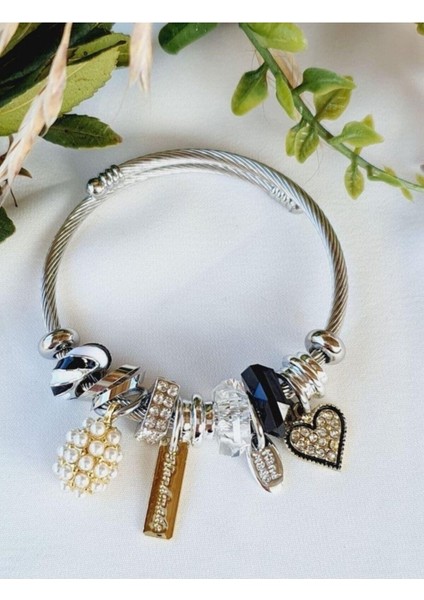 Çelik Tarzı Kalp Charmlı Bileklik