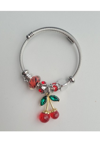 Kiraz Charmlı Gümüş Şık Bileklik Pembe