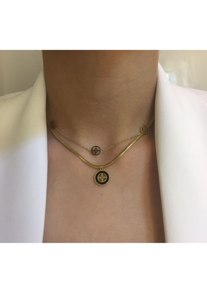 Siyah Taşlı Etnik Desenli Çoklu Kolye