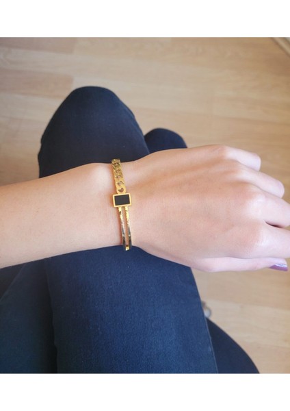 Taşlı Model Gold Renk Kadın Çelik Bileklik