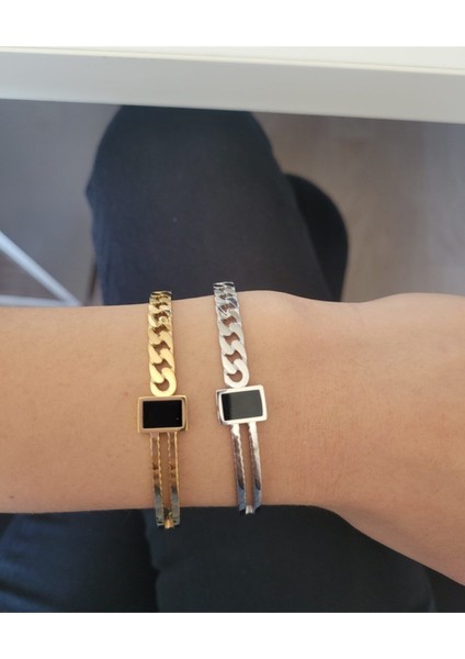 Taşlı Model Gold Renk Kadın Çelik Bileklik modelleri