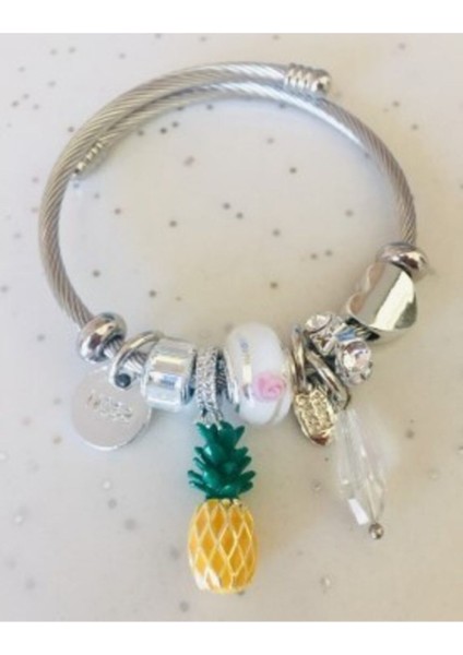 Ananas Charmlı Gümüş Model Şık Bileklik Sarı