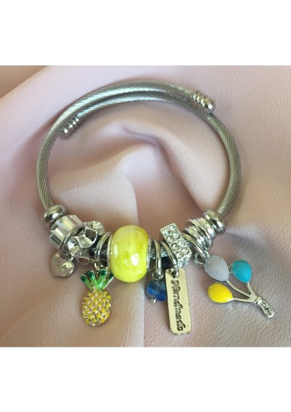 Kadın Gümüş Renk Model Ananas Charmlı Çelik Bileklik