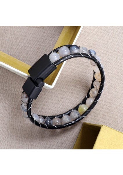 Erkek Damarlı Akik Doğaltaşlı Deri Bileklik fiyatları