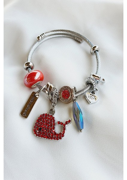 Balina Charmlı Şık Model Gümüş Bileklik Kırmızı