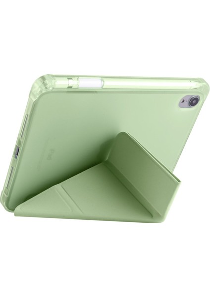 Apple iPad 6.nesil Mini (2021) Yatay ve Dikey Standlı Antişok Köşe Korumalı Kalemlikli Origami Slikon Kılıf A2567 A2568 A2569