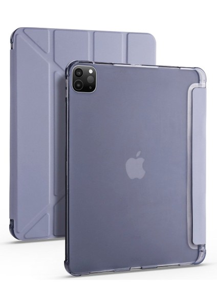 Apple iPad Pro 12.9 5.nesil (2021) Yatay ve Dikey Standlı Antişok Köşe Korumalı Kalemlikli Origami Slikon Kılıf A2378 A2461 A2379