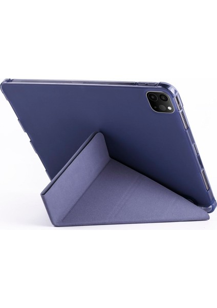 Apple iPad Pro 12.9 5.nesil (2021) Yatay ve Dikey Standlı Antişok Köşe Korumalı Kalemlikli Origami Slikon Kılıf A2378 A2461 A2379