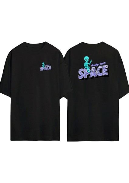 Greetings From Space Ön Arka Baskılı Sıyah Oversize T-Shirt