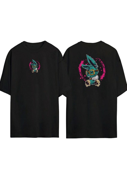 Çılgın Tavşan Kafatası Ön Arka Baskılı Sıyah Oversize T-Shirt