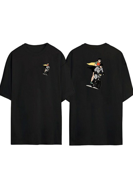 Batman ve Süperman Ön Arka Baskılı Sıyah Oversize T-Shirt