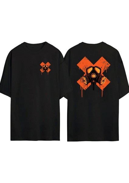 Gaz Maskesi Turuncu x Ön Arka Baskılı Sıyah Oversize T-Shirt