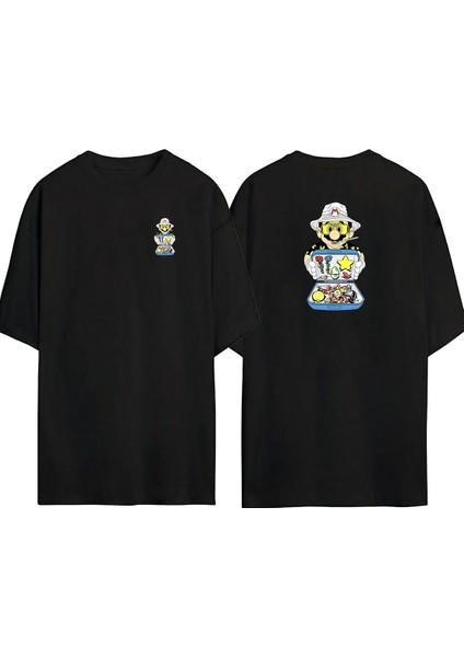 Mario ve Çantası Ön Arka Baskılı Sıyah Oversize T-Shirt
