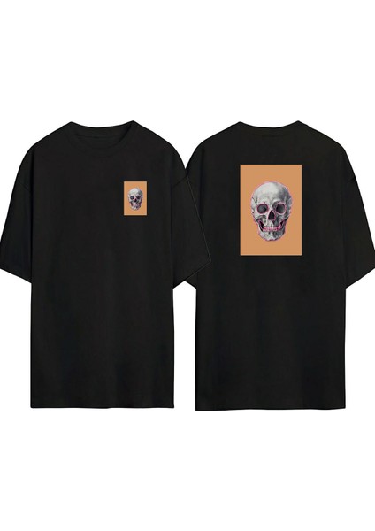 Pembe Çizgili Kuru Kafa Ön Arka Baskılı Sıyah Oversize T-Shirt