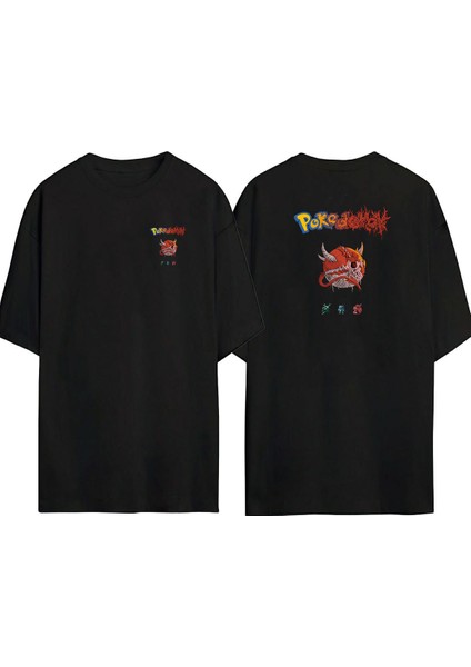 Pokedemon Ön Arka Baskılı Sıyah Oversize T-Shirt