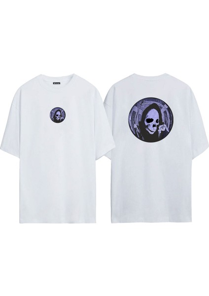 Azrail Kapı Deliği Ön Arka Baskılı Beyaz Oversize T-Shirt