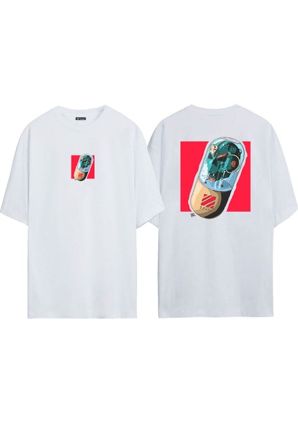Cyberpunk Pill Drawing Ön Arka Baskılı Beyaz Oversize T-Shirt