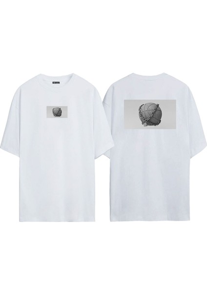 Kilitli Basketbol Topu Ön Arka Baskılı Beyaz Oversize T-Shirt