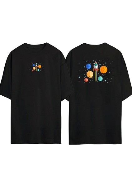 Çok Renkli Roket ve Gezegenler Ön Arka Baskılı Sıyah Oversize T-Shirt