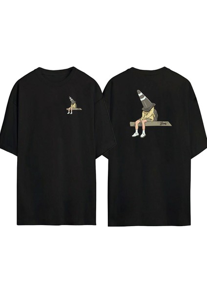 Kafasına Duba Geçirmiş Adam Ön Arka Baskılı Sıyah Oversize T-Shirt