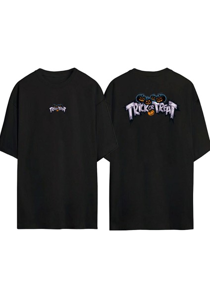 Trıck Or Treat Ön Arka Baskılı Sıyah Oversize T-Shirt