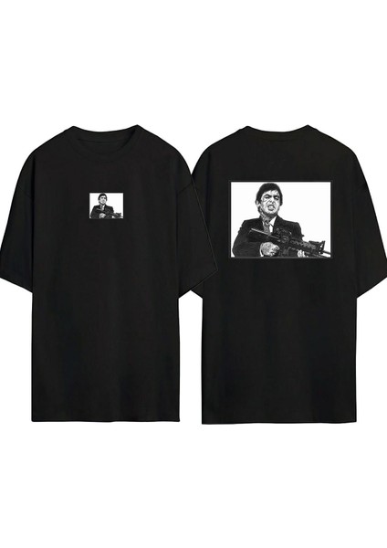 Al Pacino Scarface Ön Arka Baskılı Sıyah Oversize T-Shirt
