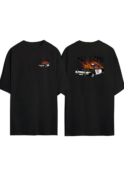 No Cops ,police Ön Arka Baskılı Sıyah Oversize T-Shirt